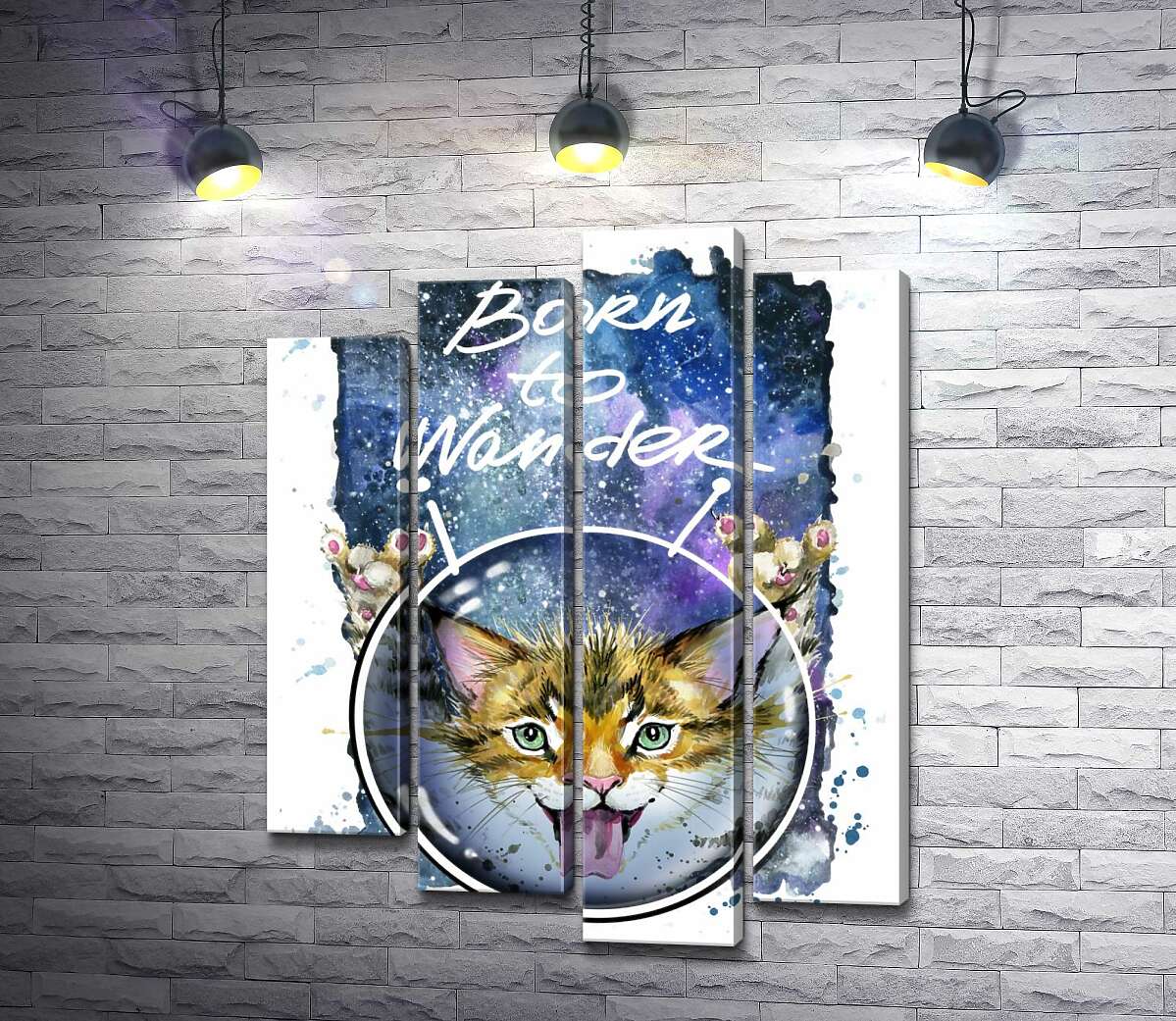 

Модульная картина ArtPoster Рыжий котенок в шлеме среди космоса с надписью "born to wander" 132x168 см Модуль №21