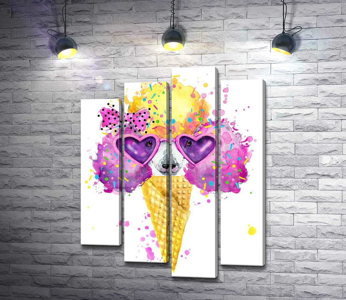 

Модульная картина ArtPoster Розовый пудель с желтой челкой выглядывает из рожка мороженого 132x171 см Модуль №21