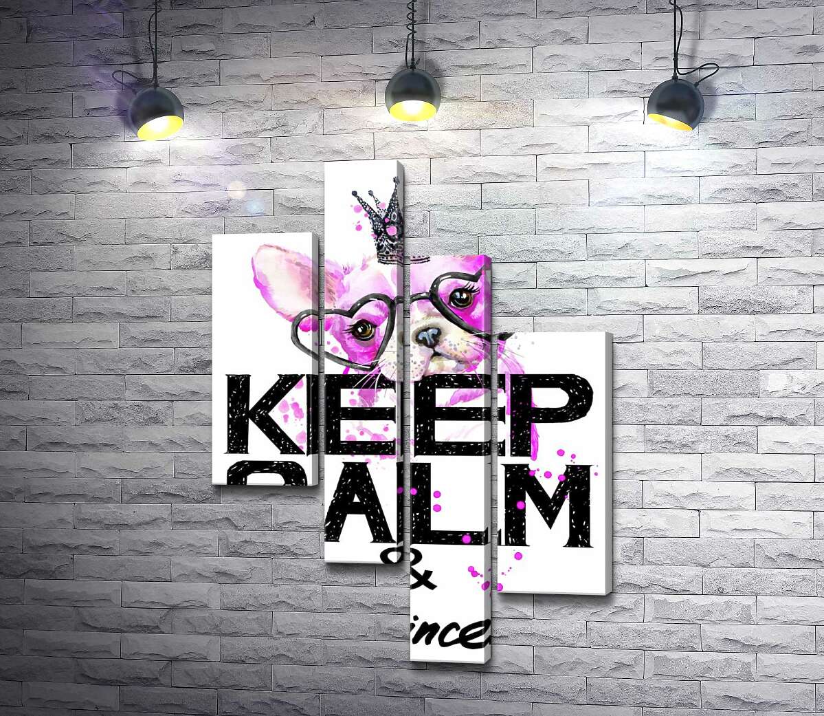 

Модульная картина ArtPoster Розовый бульдог в очках и короне над надписью "keep calm and be princess" 130x191 см Модуль №20