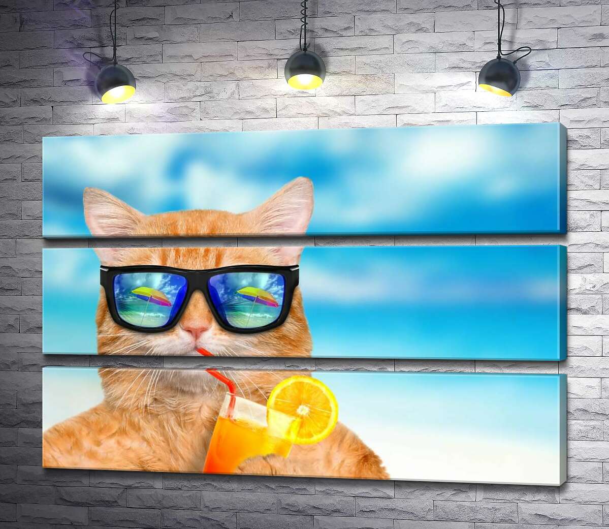 

Модульная картина ArtPoster Рыжий кот в отпуске пьет фреш на пляже 130x87 см Модуль №13