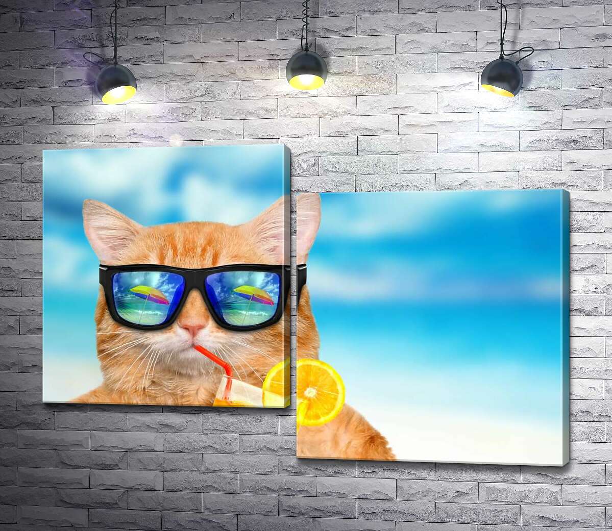 

Модульная картина ArtPoster Рыжий кот в отпуске пьет фреш на пляже 100x67 см Модуль №5
