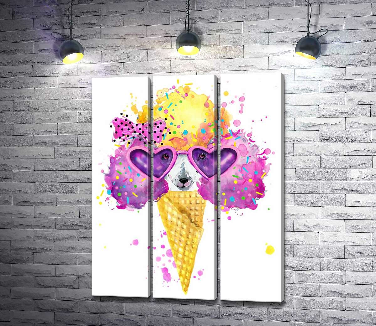 

Модульная картина ArtPoster Розовый пудель с желтой челкой выглядывает из рожка мороженого 132x170 см Модуль №11
