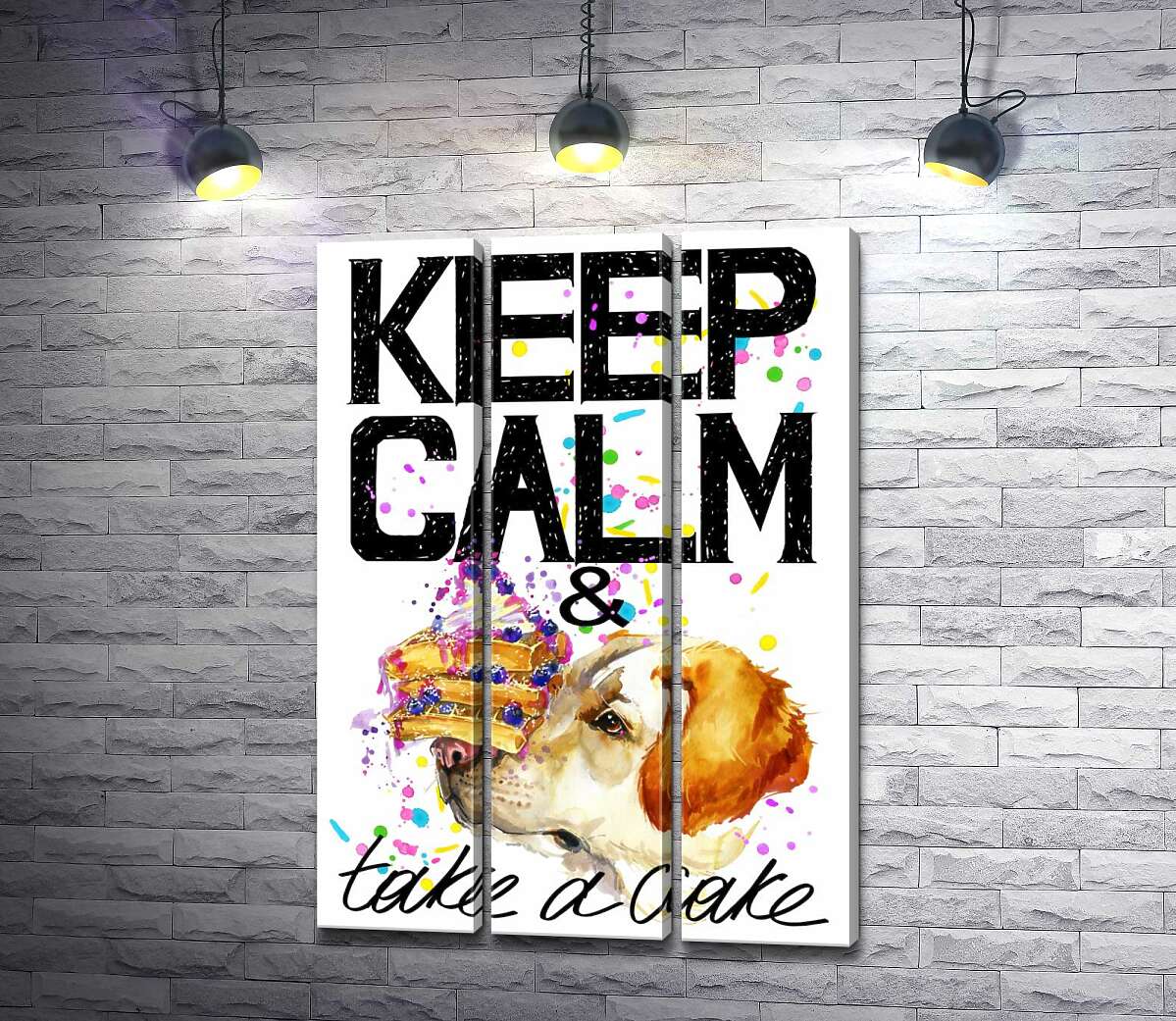 

Модульная картина ArtPoster Собака с тортом на носу среди надписи " keep calm and take a cake " 102x146 см Модуль №11