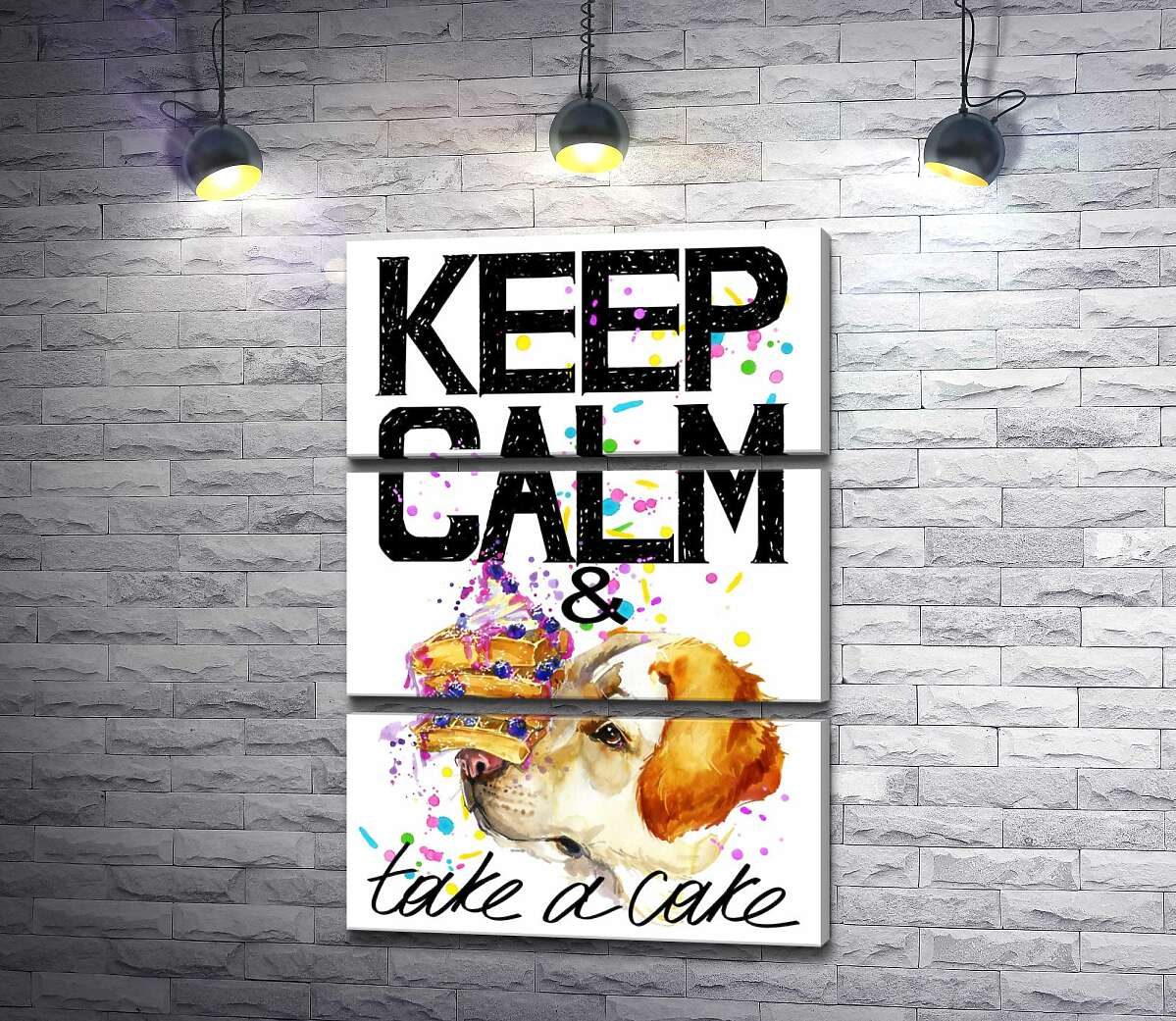 

Модульная картина ArtPoster Собака с тортом на носу среди надписи " keep calm and take a cake " 100x147 см Модуль №13