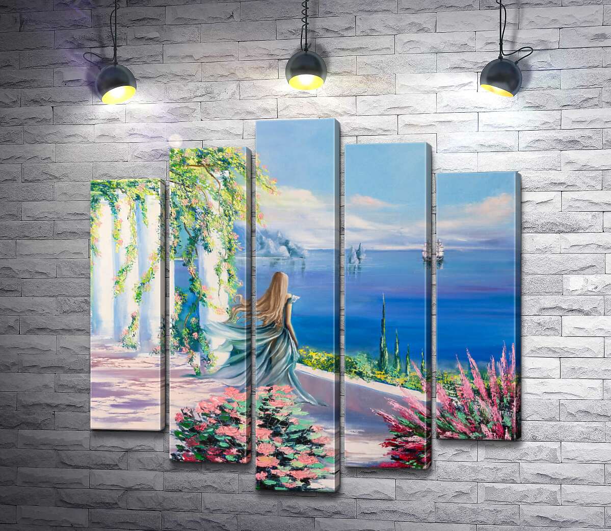 

Модульная картина ArtPoster Силуэт девушки, которая смотрит на море из сада 130x133 см Модуль №26
