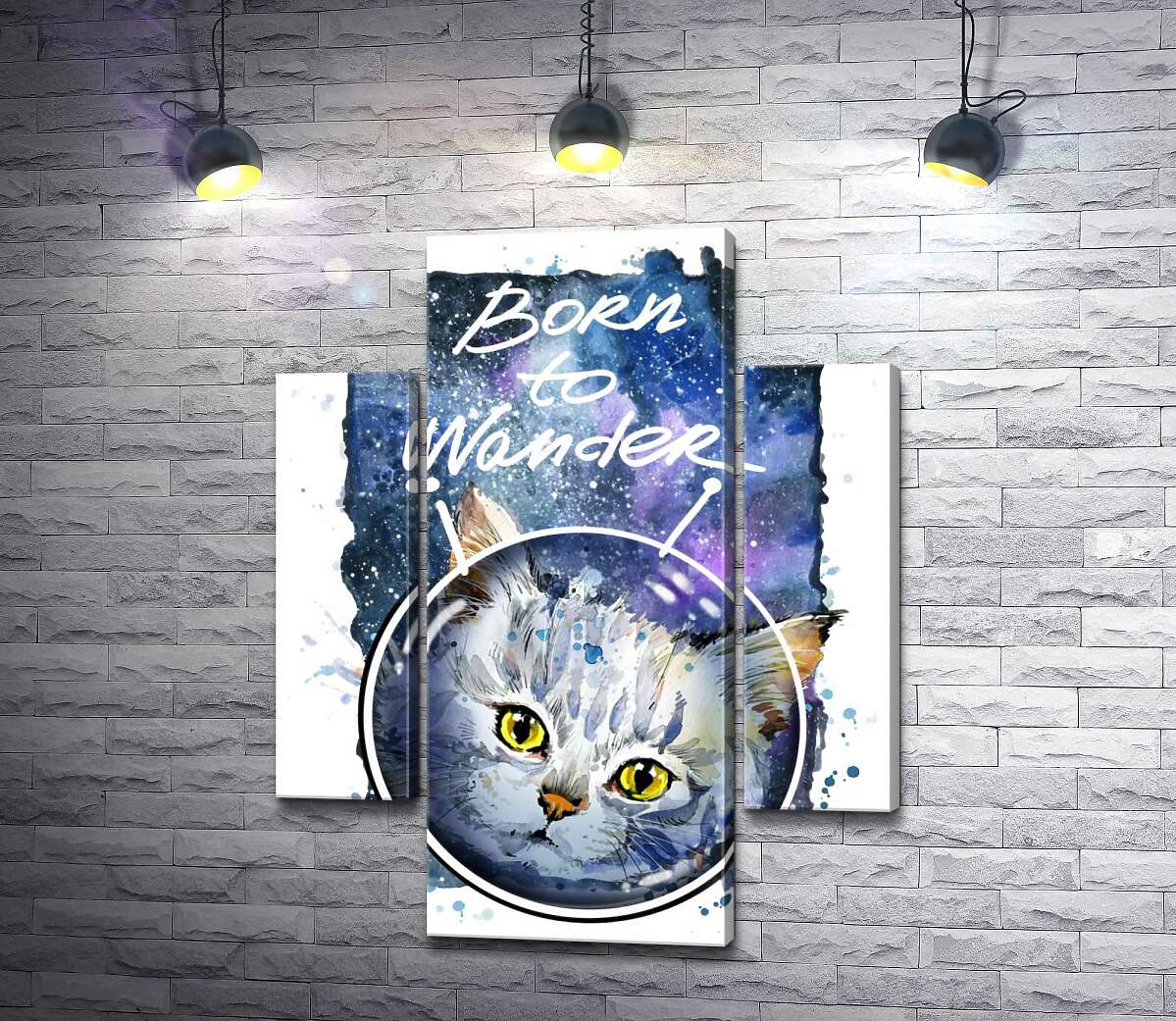 

Модульная картина ArtPoster Серый кот на космическом фоне с надписью "born to wander" 131x168 см Модуль №7