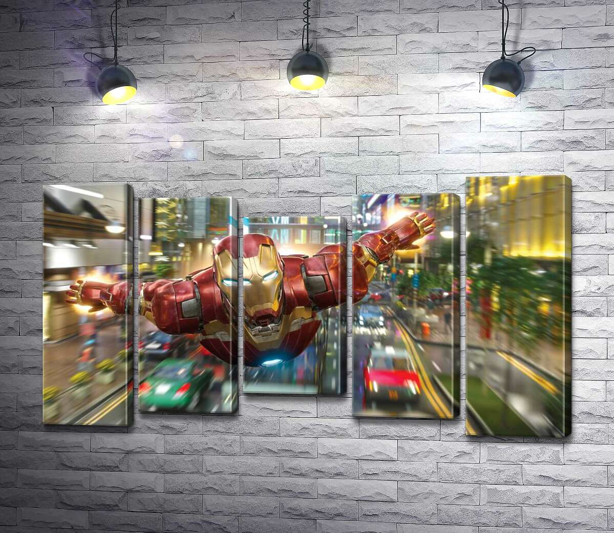 

Модульная картина ArtPoster Супергерой Железный человек (Iron Man) летит над дорогой мегаполиса 100x58 см Модуль №28