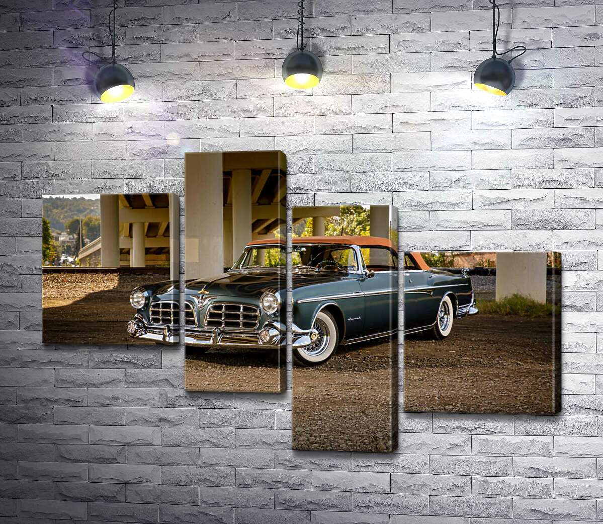 

Модульная картина ArtPoster Темный автомобиль кабриолет Chrysler 1955 стоит в тени моста 100x69 см Модуль №20