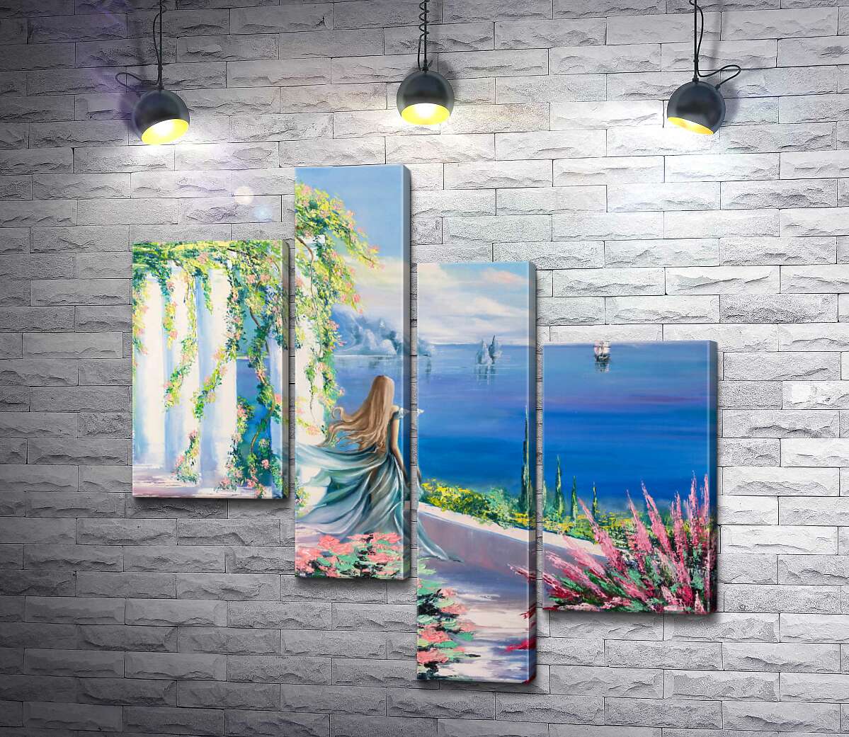 

Модульная картина ArtPoster Силуэт девушки, которая смотрит на море из сада 130x132 см Модуль №20