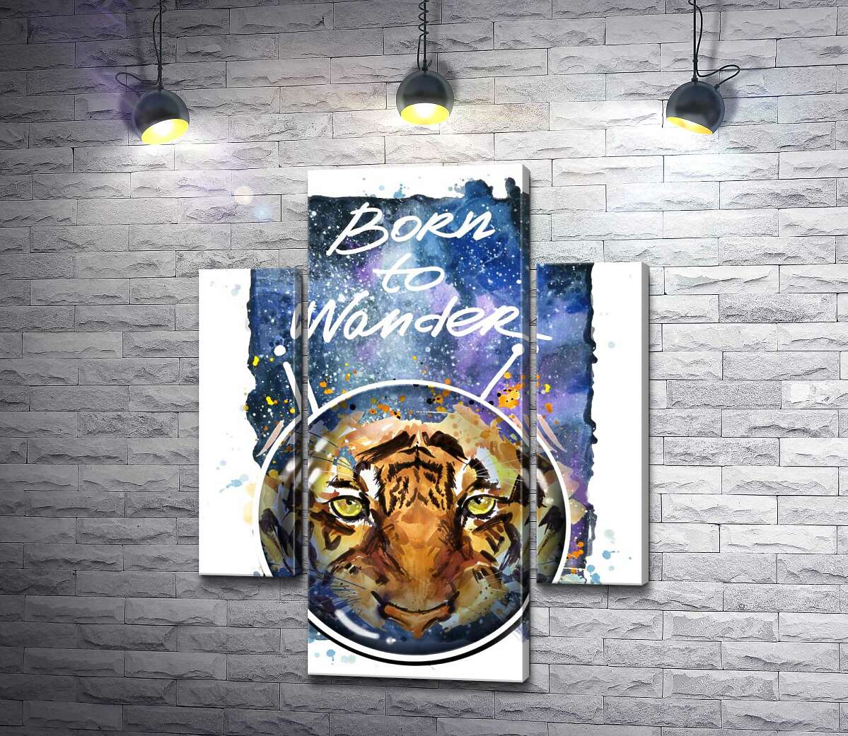

Модульная картина ArtPoster Силуэт тигра в космическом шлеме с надписью "born to wander" 80x104 см Модуль №7