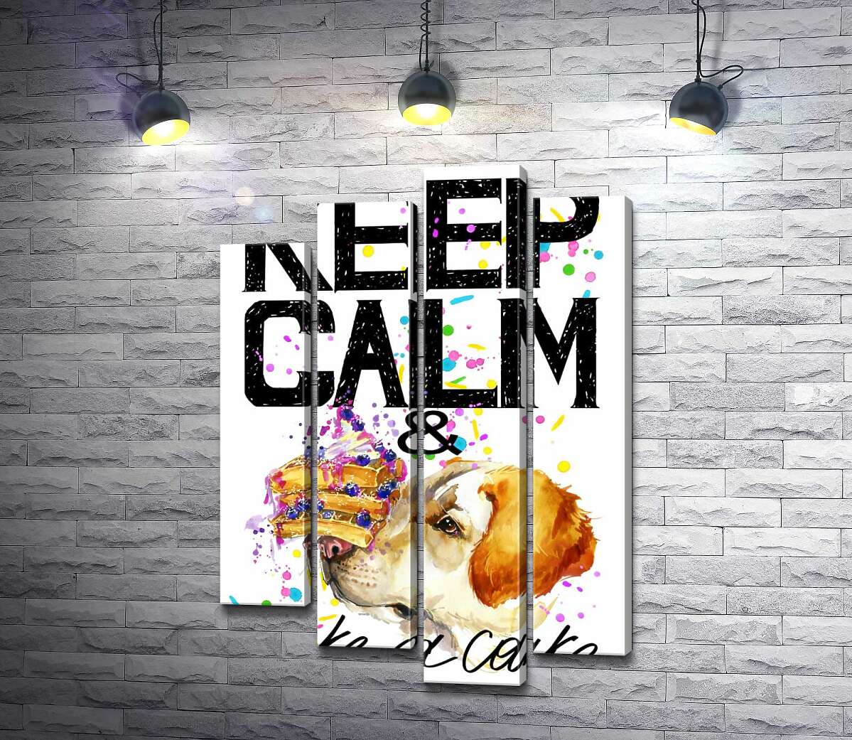 

Модульная картина ArtPoster Собака с тортом на носу среди надписи " keep calm and take a cake " 100x147 см Модуль №21