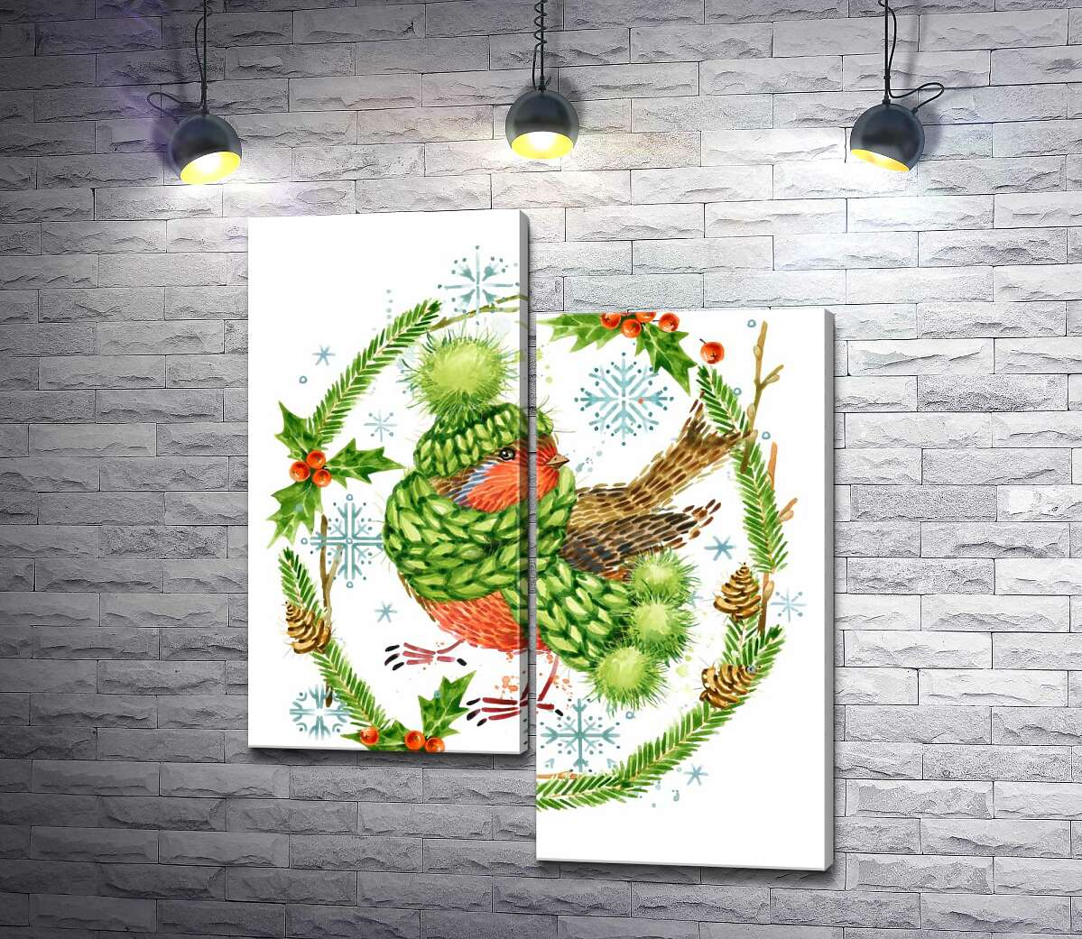 

Модульная картина ArtPoster Снегирь закутался в шапку и шарф среди венка из елки и остролиста 130x159 см Модуль №5