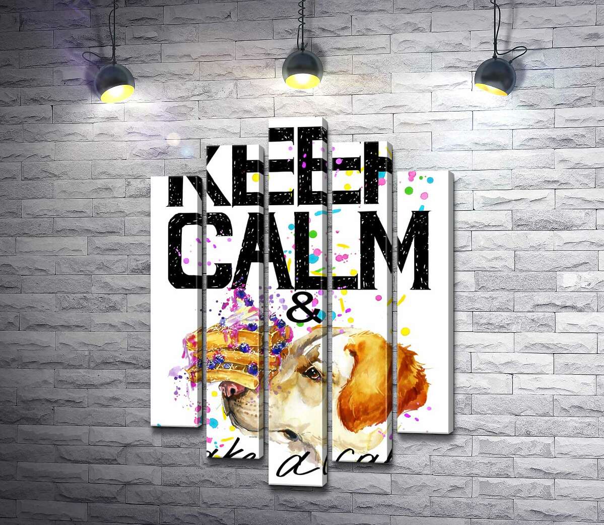 

Модульная картина ArtPoster Собака с тортом на носу среди надписи " keep calm and take a cake " 130x192 см Модуль №26