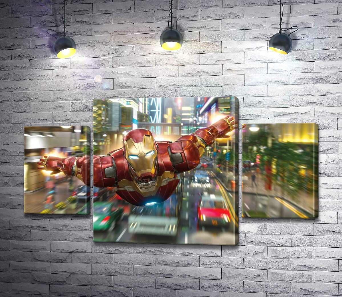 

Модульная картина ArtPoster Супергерой Железный человек (Iron Man) летит над дорогой мегаполиса 131x74 см Модуль №7