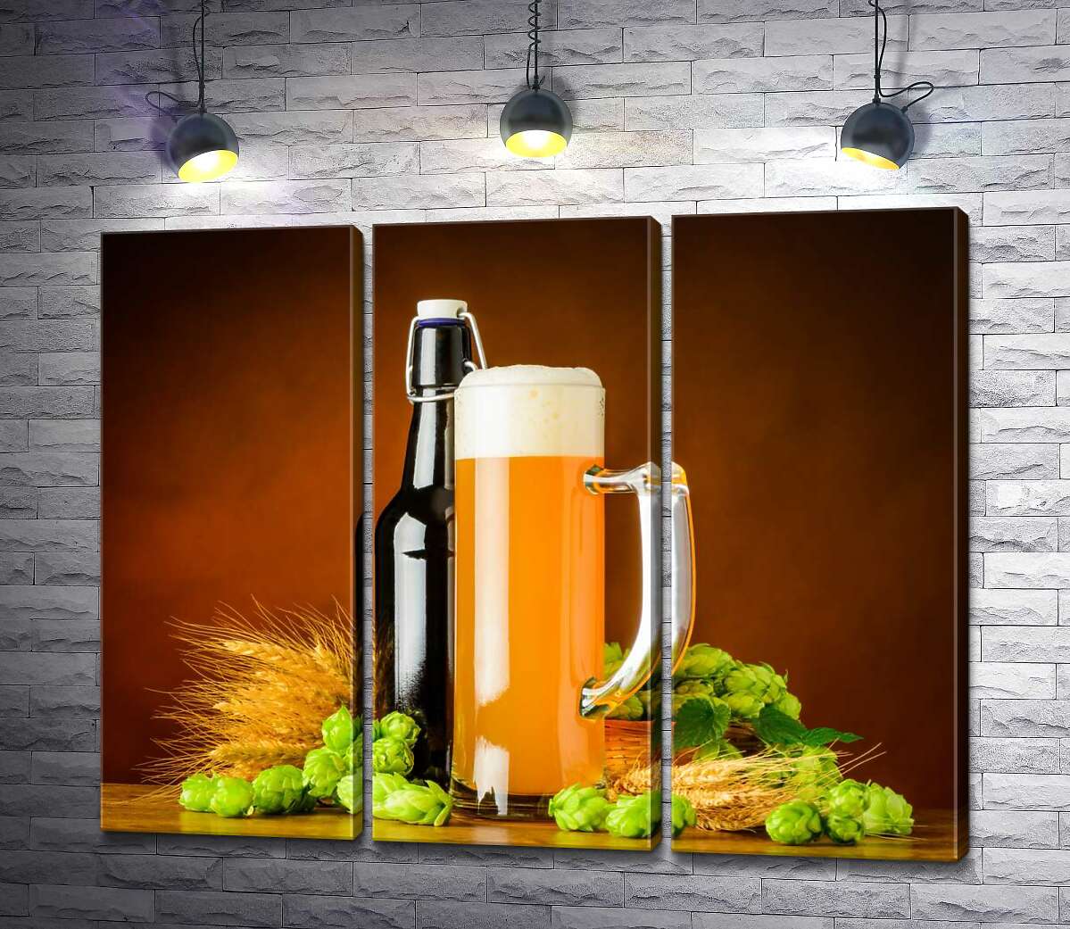

Модульная картина ArtPoster Стройный бокал и бутылка пива рядом с колосьем пшеницы и хмелем 132x105 см Модуль №11