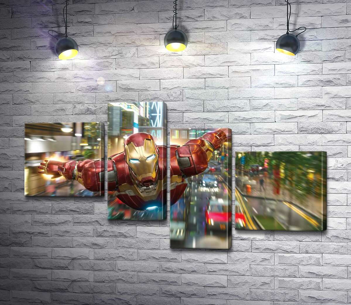 

Модульная картина ArtPoster Супергерой Железный человек (Iron Man) летит над дорогой мегаполиса 100x57 см Модуль №20