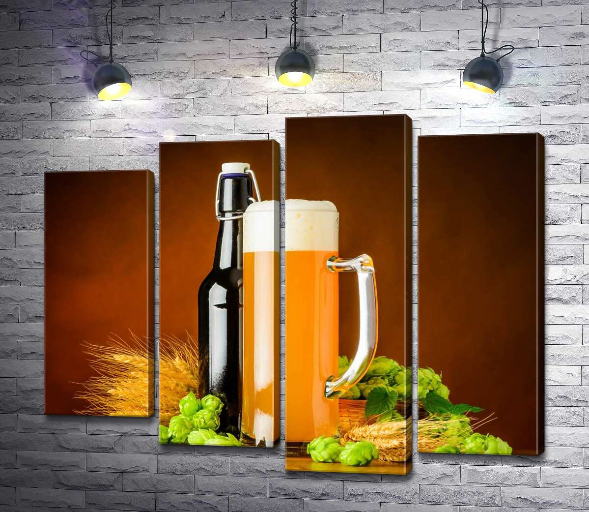 

Модульная картина ArtPoster Стройный бокал и бутылка пива рядом с колосьем пшеницы и хмелем 132x106 см Модуль №21