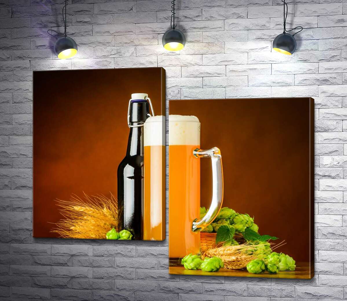 

Модульная картина ArtPoster Стройный бокал и бутылка пива рядом с колосьем пшеницы и хмелем 100x82 см Модуль №5