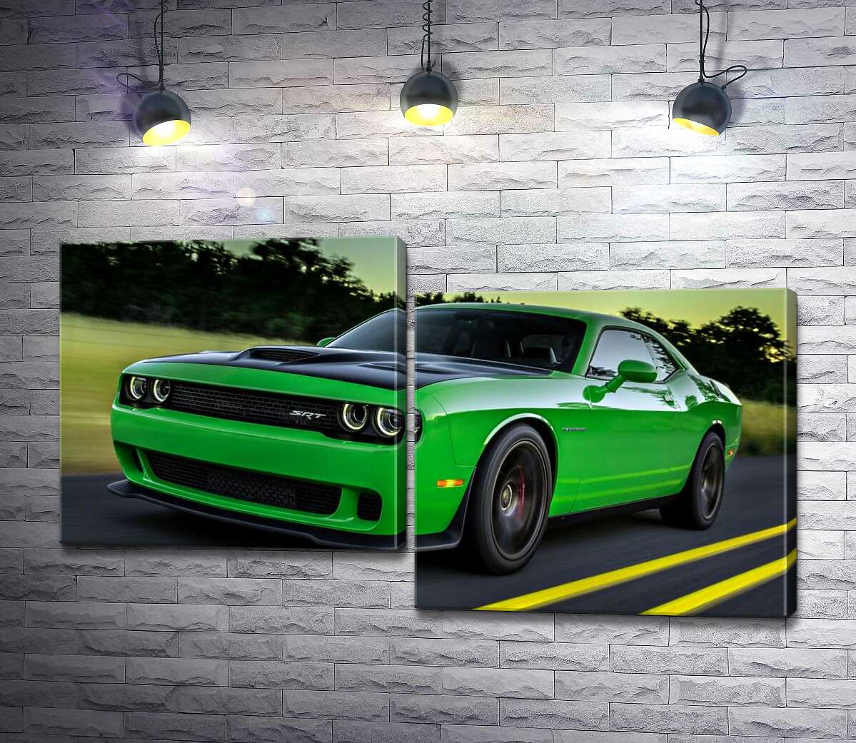 

Модульная картина ArtPoster Сочно-зеленый автомобиль Dodge Challenger Hellcat несется по дороге 130x74 см Модуль №5