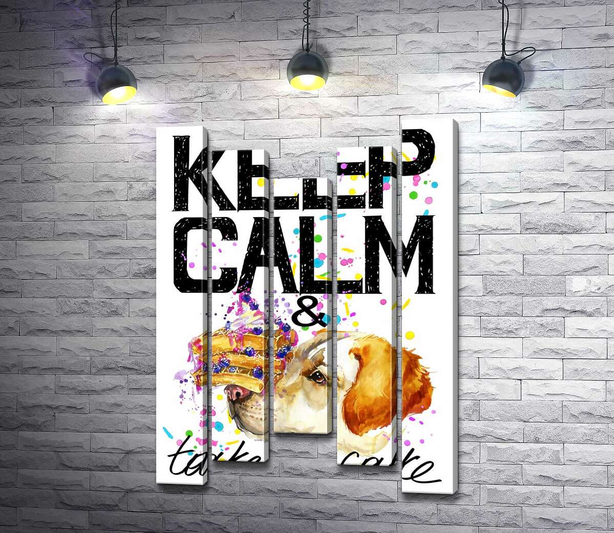 

Модульная картина ArtPoster Собака с тортом на носу среди надписи " keep calm and take a cake " 100x148 см Модуль №28