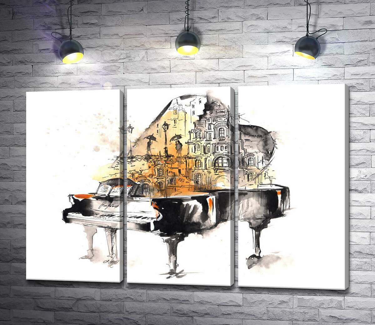 

Модульная картина ArtPoster Улица дождливого города на силуэте рояля 102x69 см Модуль №11