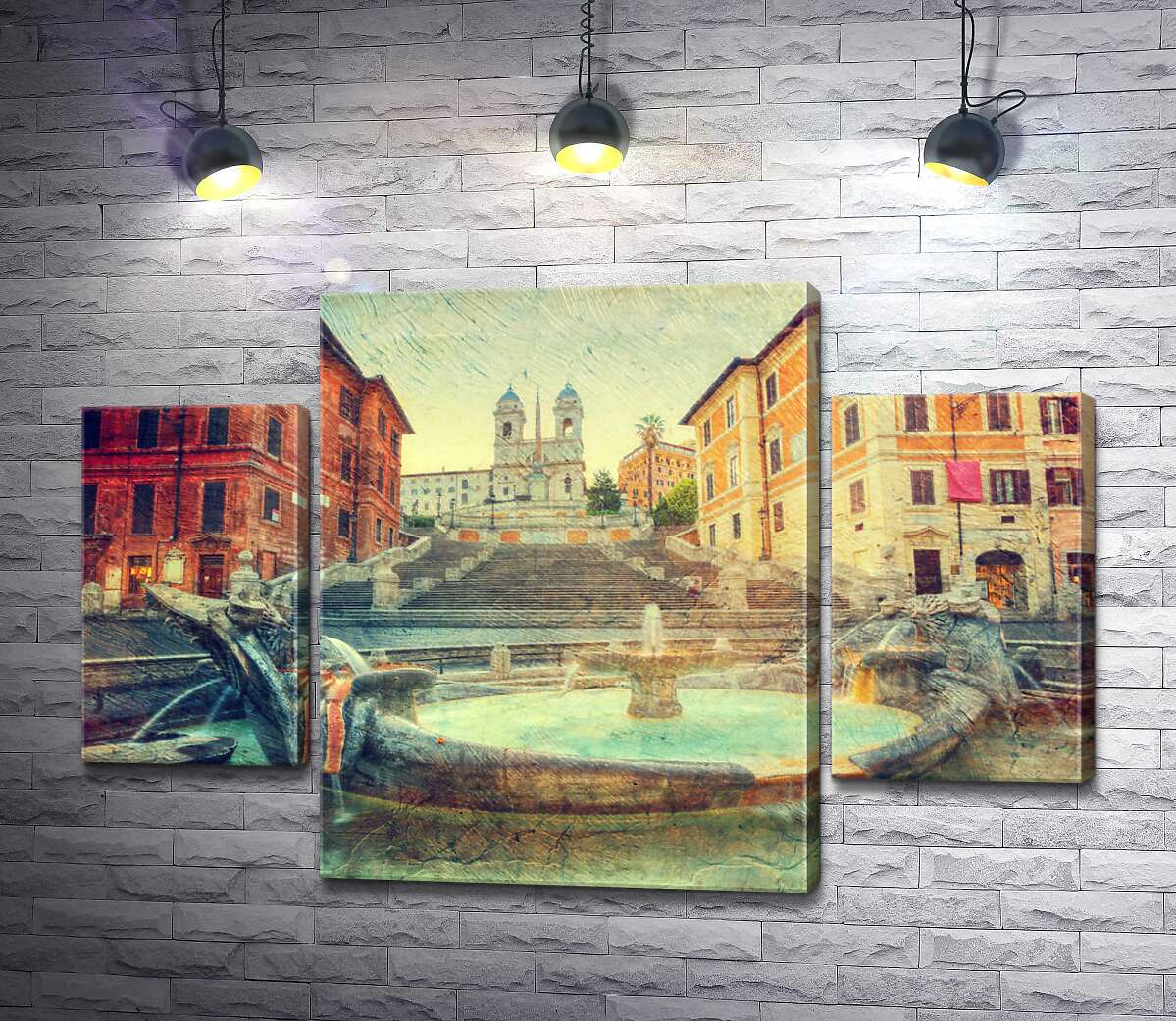 

Модульная картина ArtPoster Фонтан "Баркачча" : свидетель прошлого, на фоне с Испанской лестницей в Риме 131x89 см Модуль №7