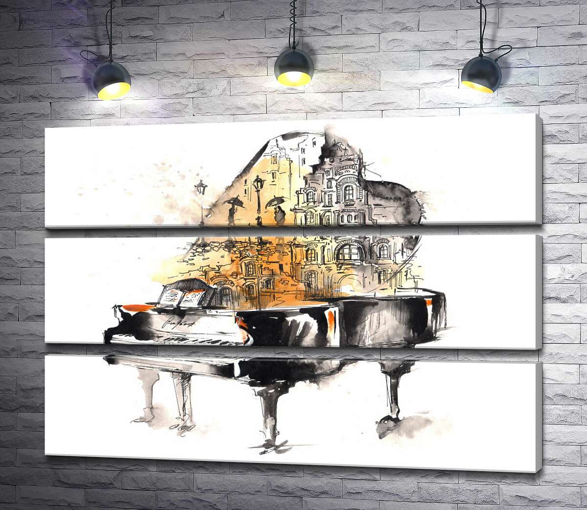 

Модульная картина ArtPoster Улица дождливого города на силуэте рояля 87x60 см Модуль №13