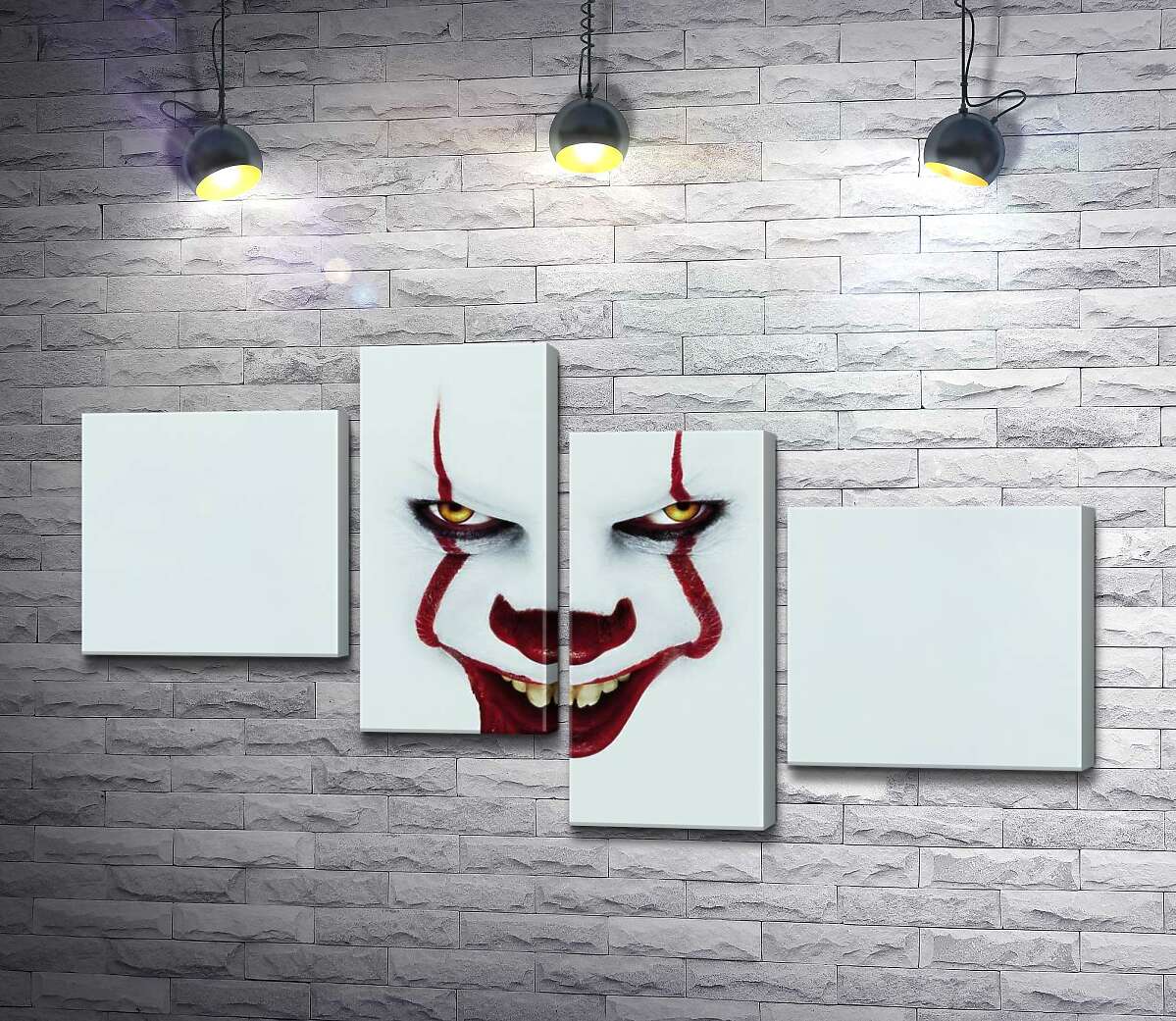 

Модульная картина ArtPoster Ужасающая улыбка клоуна-убийцы Пеннивайза – героя фильма ужасов "Оно" (It) 130x73 см Модуль №20