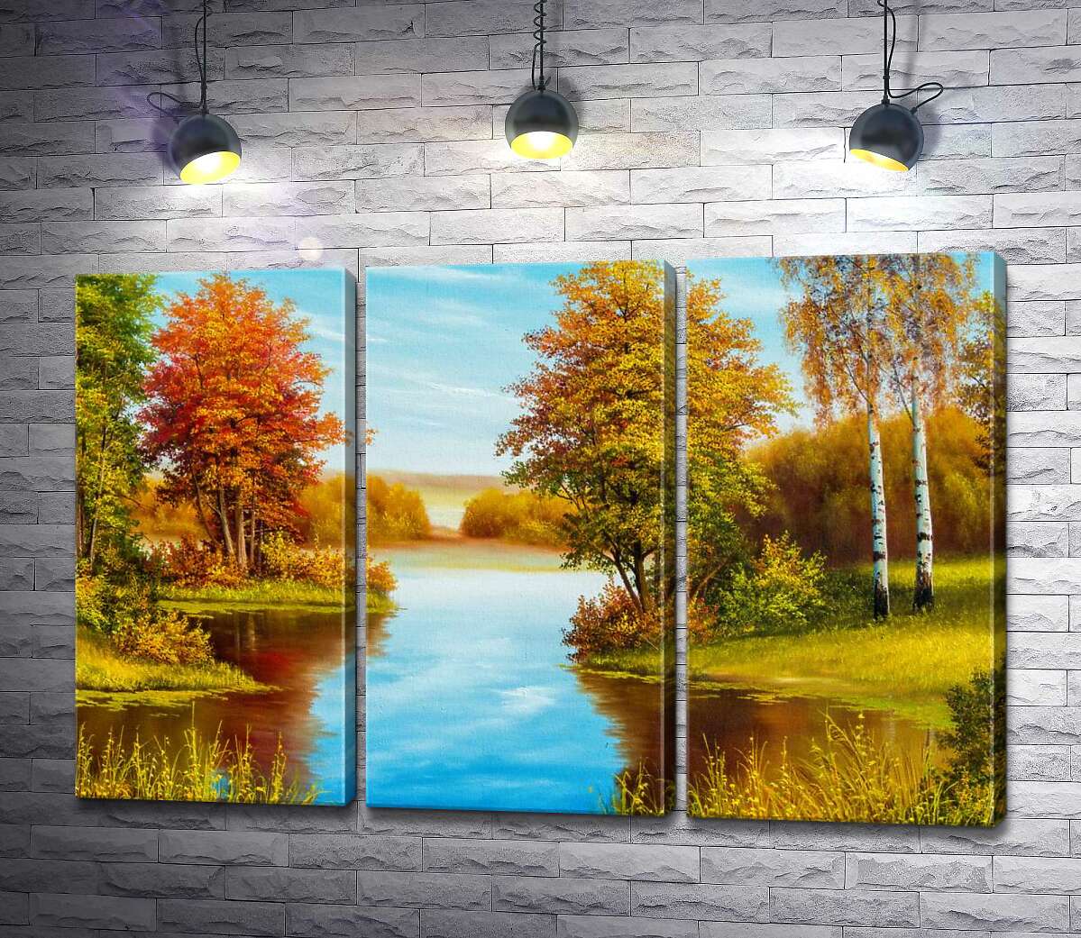 

Модульная картина ArtPoster Теплый осенний день на берегу лесной реки 132x86 см Модуль №11