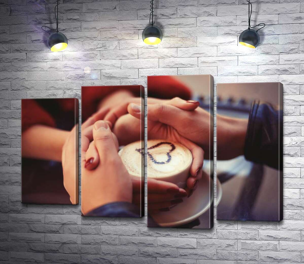 

Модульная картина ArtPoster Тепло чашки с кофе согревает руки влюбленных 132x89 см Модуль №21