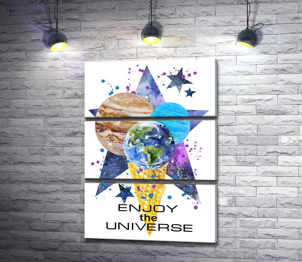 

Модульная картина ArtPoster Три планеты в рожке мороженого на космическом фоне с надписью "enjoy the universe" 130x177 см Модуль №13