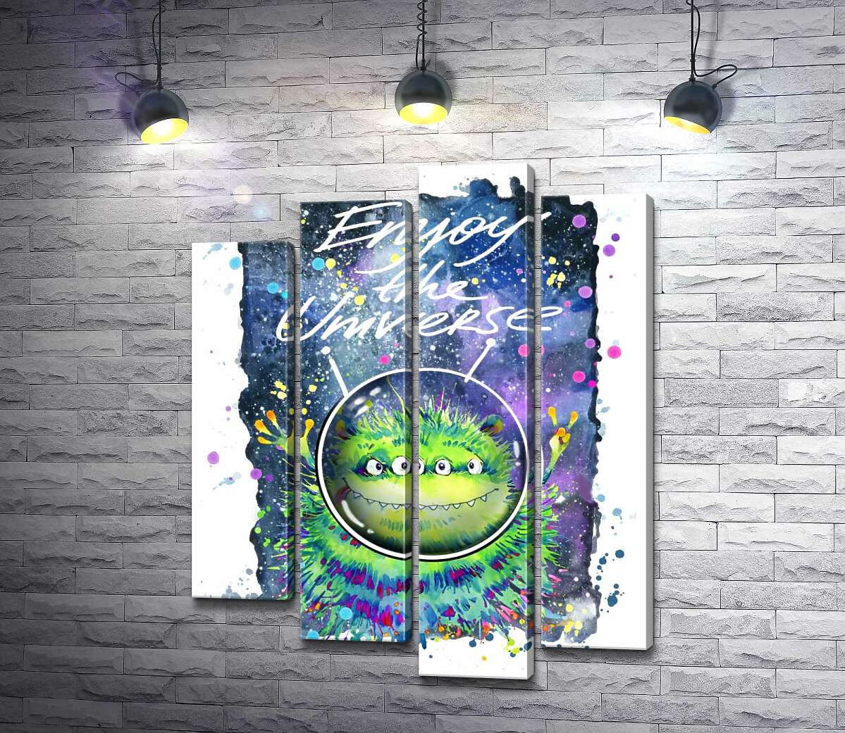 

Модульная картина ArtPoster Четырехглазый зеленый монстр летает в космосе возле надписи "Enjoy the Universe" 132x168 см Модуль №21