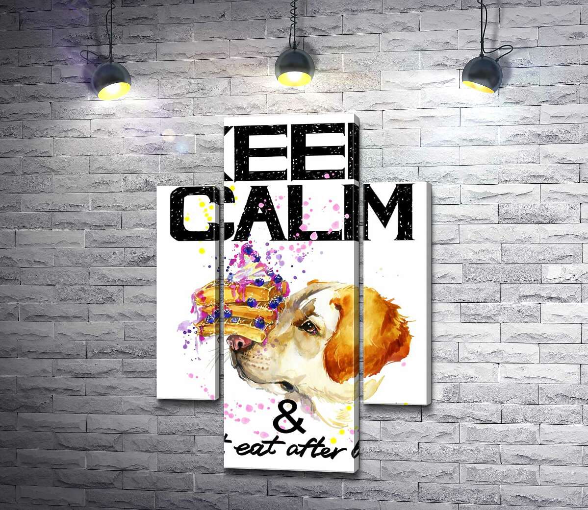 

Модульная картина ArtPoster Черничный торт на носу у собаки среди надписи "keep calm and don't eat after 6 p.m." 80x119 см Модуль №7