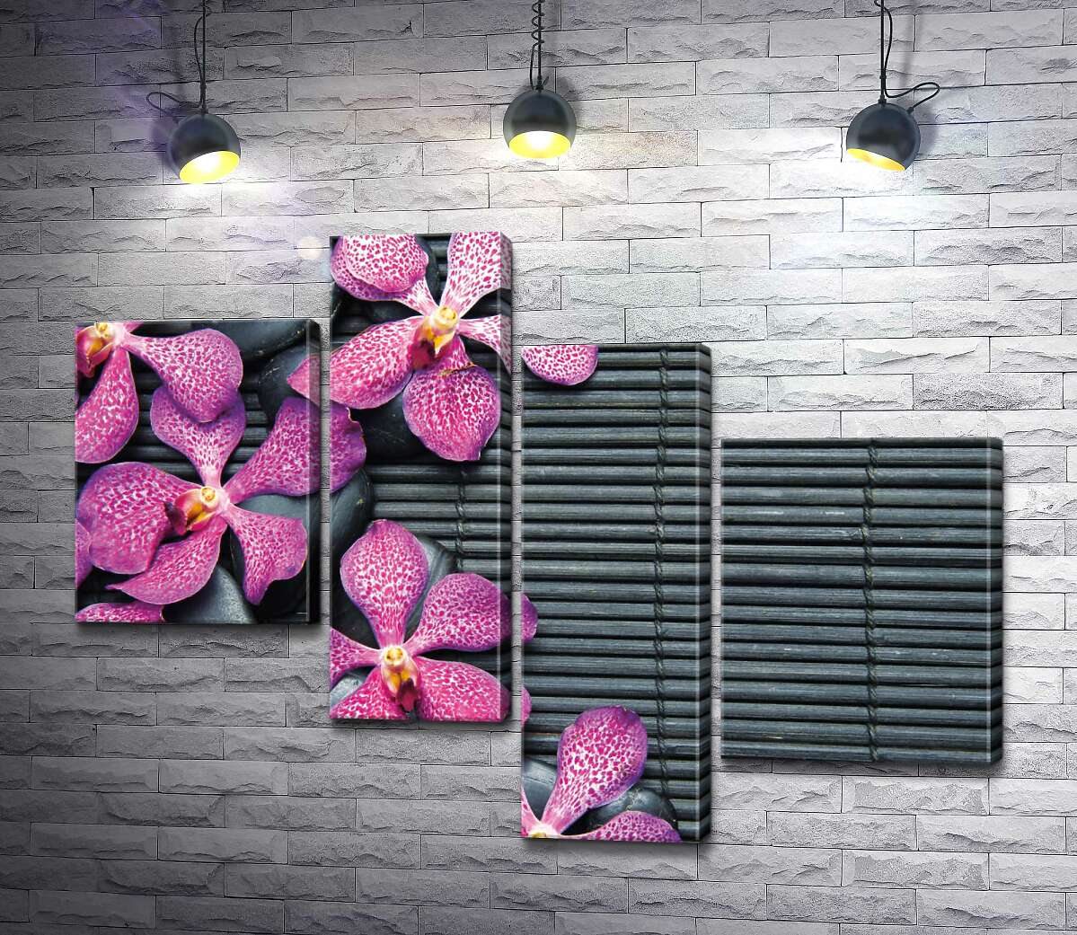 

Модульная картина ArtPoster Узор красочных орхидей и черных камней на бамбуковом коврике 130x99 см Модуль №20