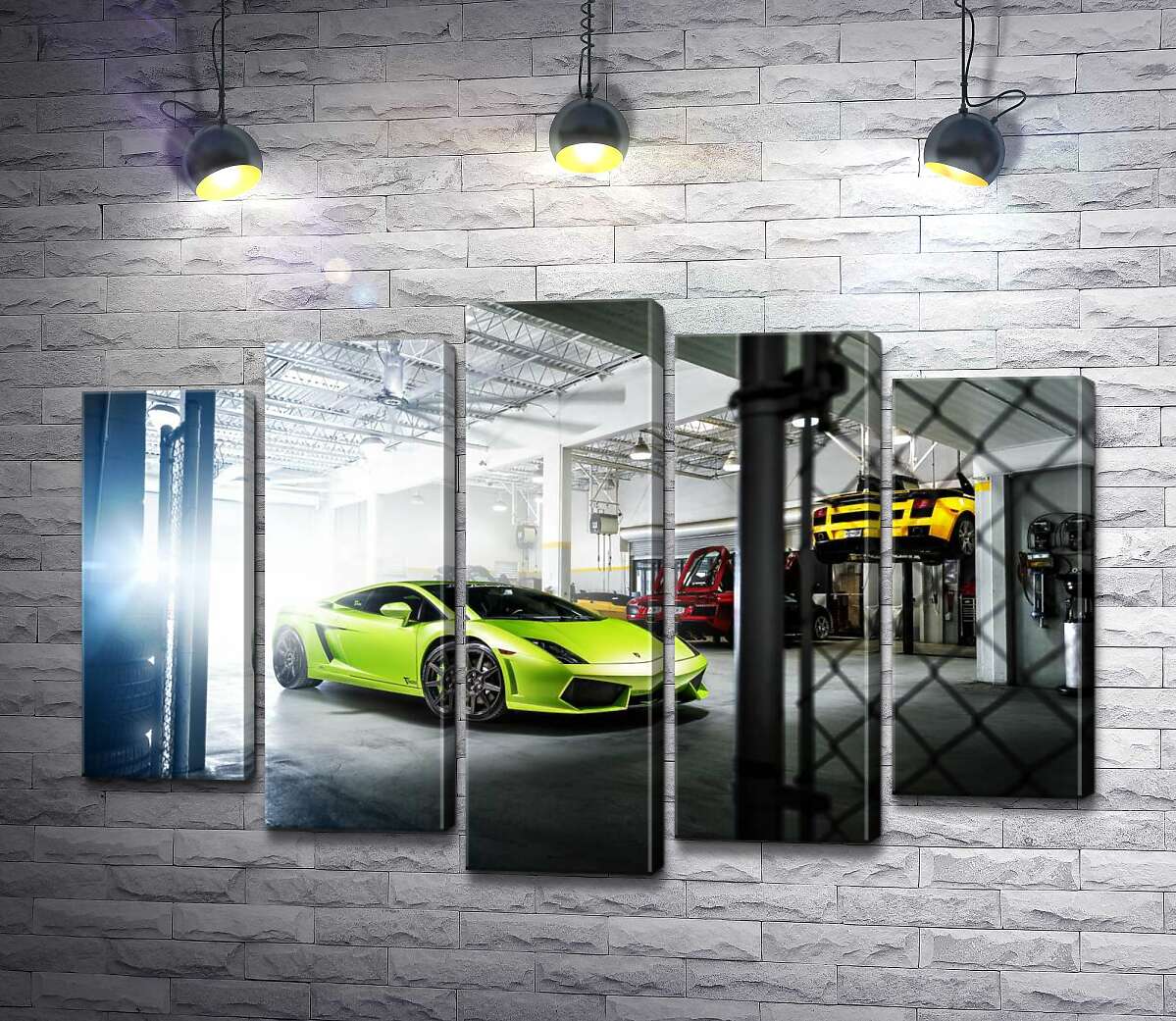 

Модульная картина ArtPoster Яркий зеленый Ламборгини (Lamborghini Gallardo) стоит в тени гаража 130x88 см Модуль №26