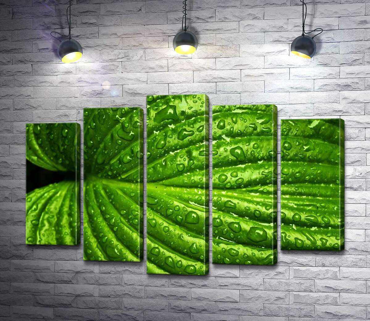 

Модульная картина ArtPoster Ярко-зеленый тропический лист в освежающих дождевых каплях 130x88 см Модуль №26