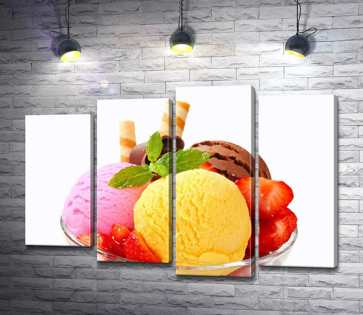 

Модульная картина ArtPoster Цветные шарики мороженого с кусочками клубники, шоколадом и мятой 132x91 см Модуль №21