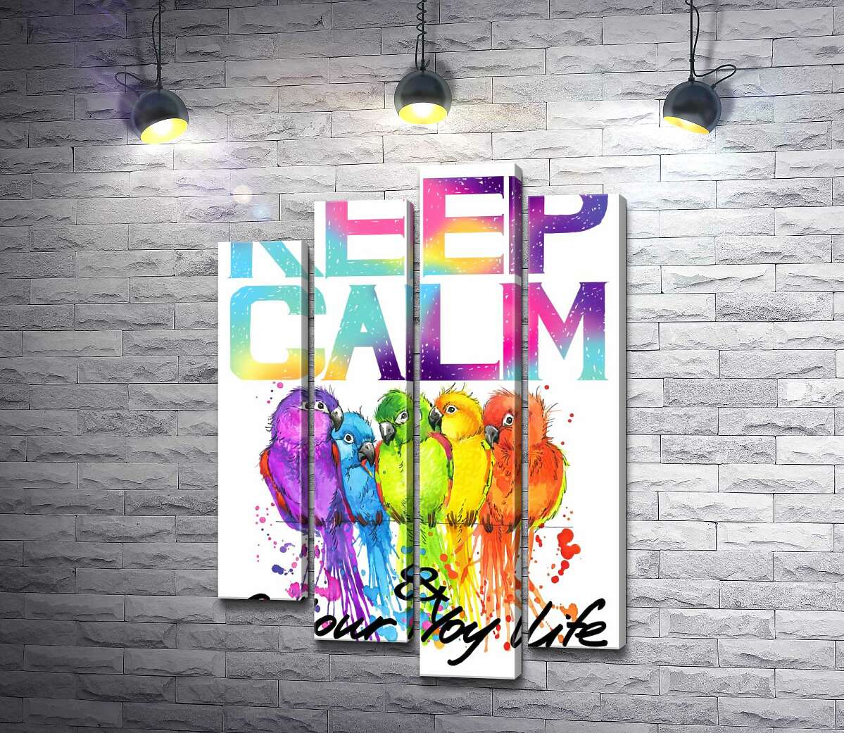

Модульная картина ArtPoster Яркое оперение попугаев среди надписи "keep calm and colour your life" 100x147 см Модуль №21