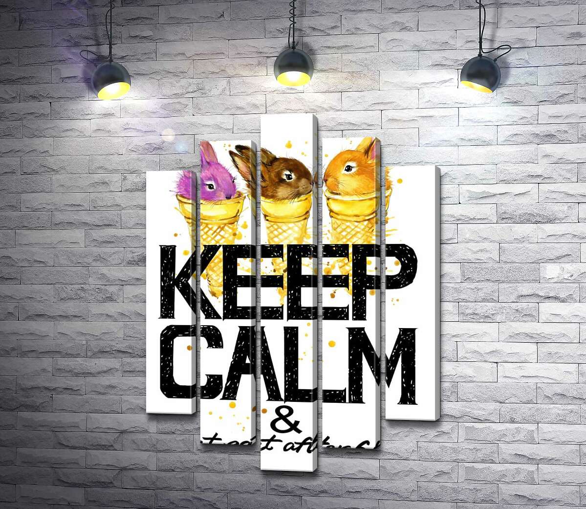 

Модульная картина ArtPoster Цветные зайцы в рожках мороженого над надписью "keep calm and don't eat after 6 p.m." 100x148 см Модуль №26