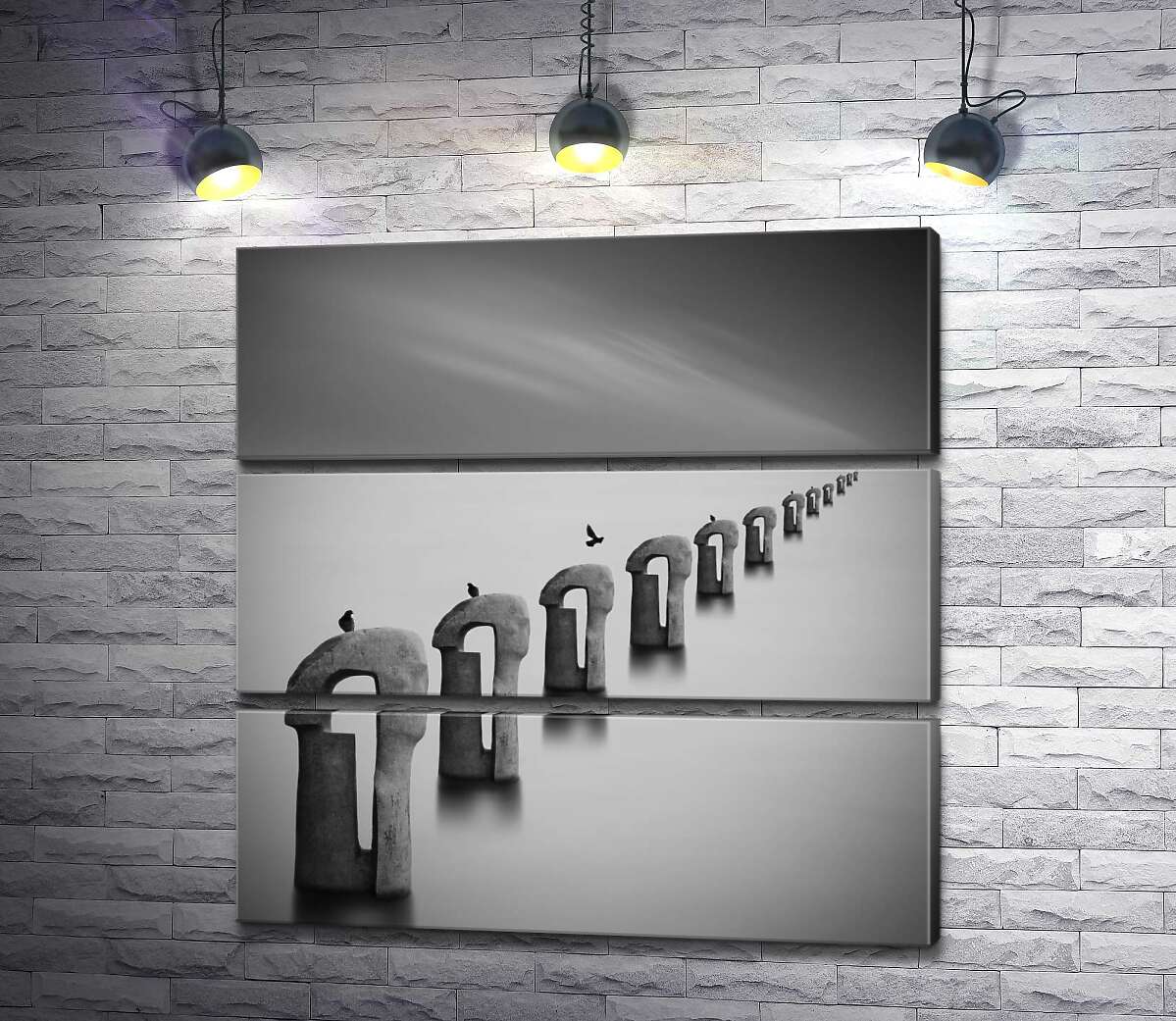 

Модульная картина ArtPoster Черно-белая перспектива каменных статуй с птицами в тумане 130x132 см Модуль №13