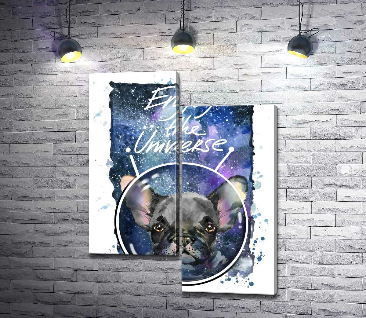 

Модульная картина ArtPoster Черный французский бульдог среди космического пространства с надписью "Enjoy the Universe" 50x65 см Модуль №5