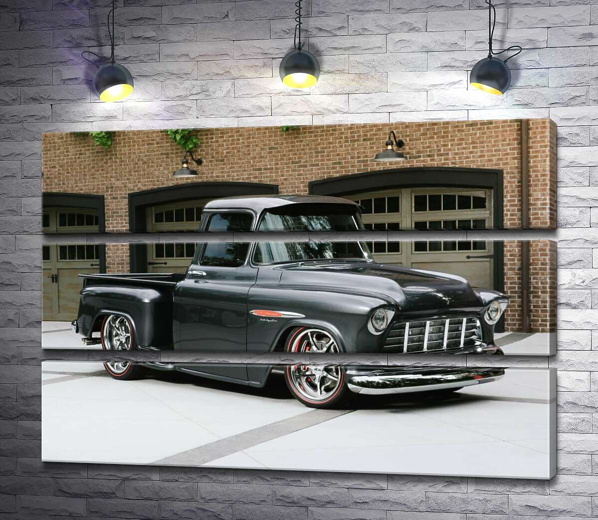 

Модульная картина ArtPoster Черный автомобиль Chevrolet Pickup 1955 перед въездами в гаражи 100x69 см Модуль №13