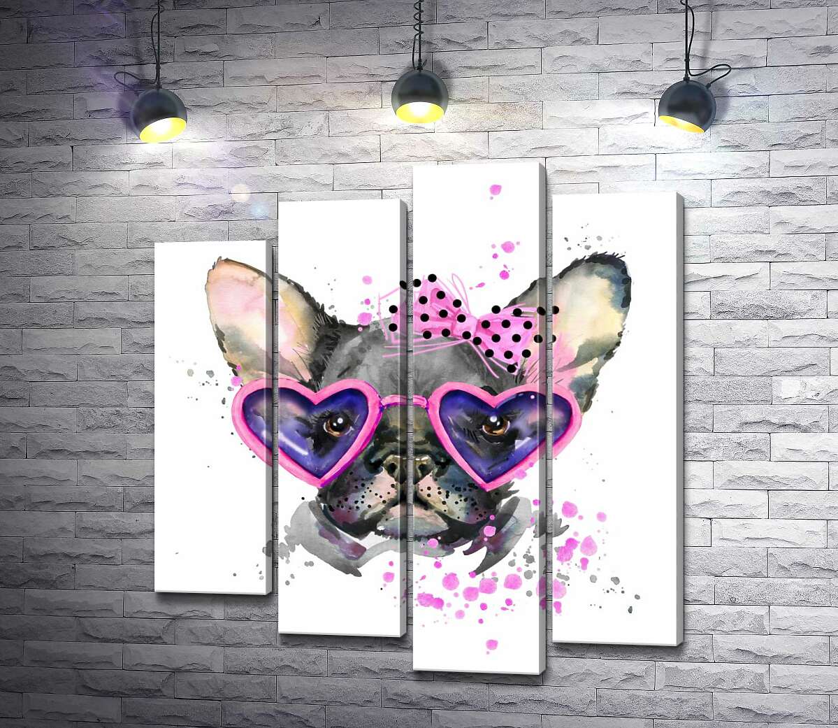 

Модульная картина ArtPoster Черный французский бульдог с розовым бантом на голове и в очках-сердечках 80x89 см Модуль №21