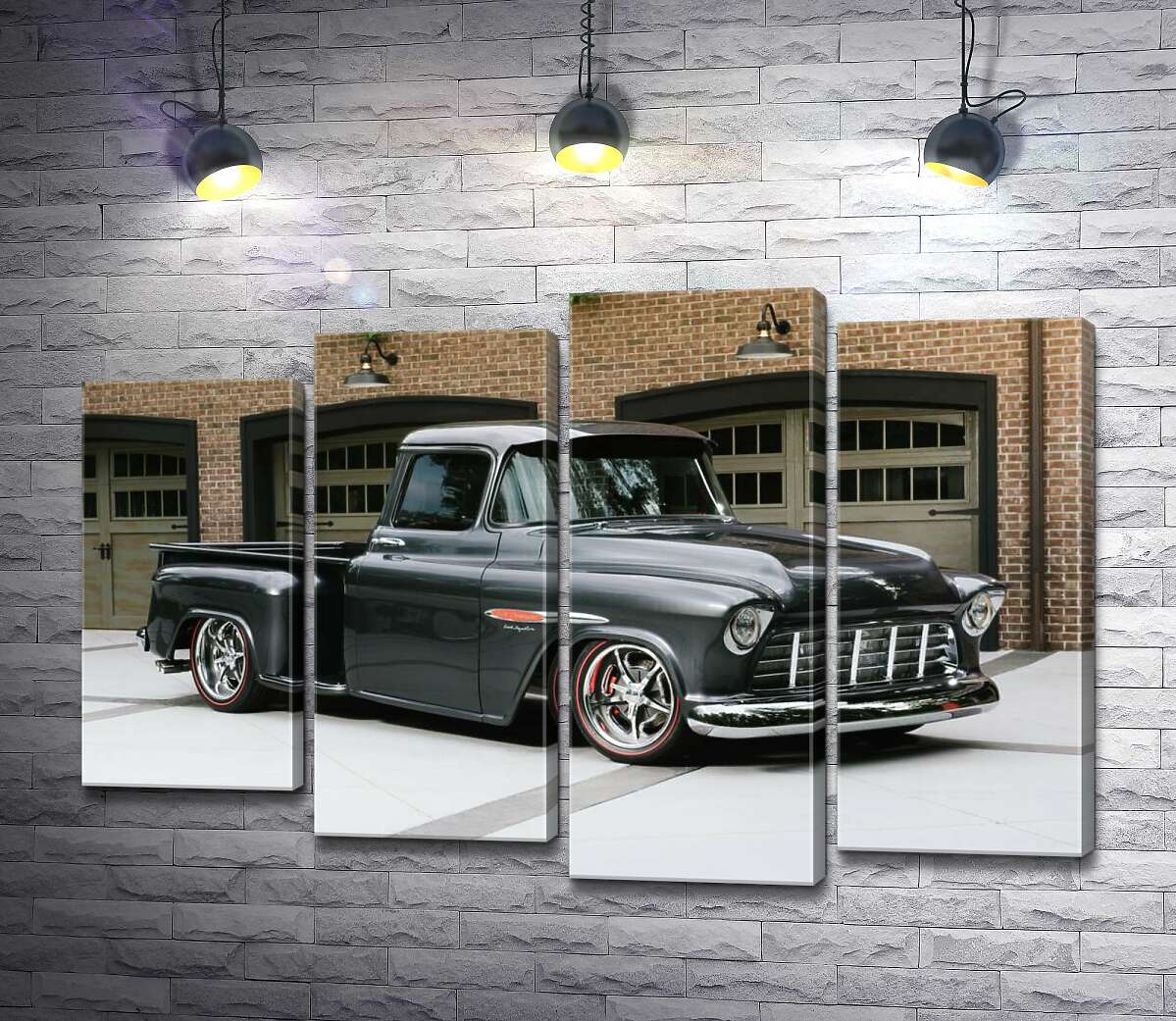 

Модульная картина ArtPoster Черный автомобиль Chevrolet Pickup 1955 перед въездами в гаражи 132x89 см Модуль №21