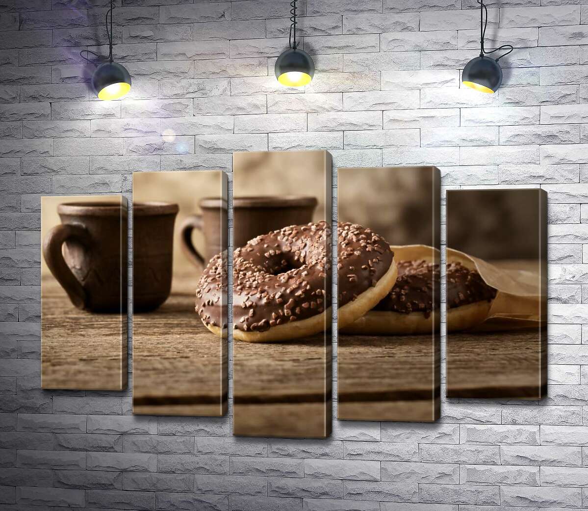 

Модульная картина ArtPoster Шоколадные донатсы к кофе в глиняных чашках 100x69 см Модуль №26