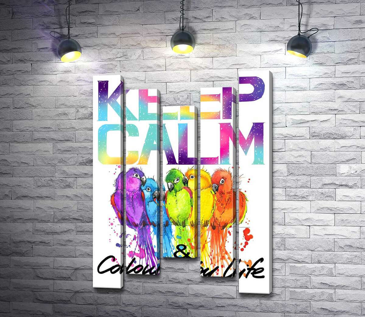 

Модульная картина ArtPoster Яркое оперение попугаев среди надписи "keep calm and colour your life" 100x148 см Модуль №28