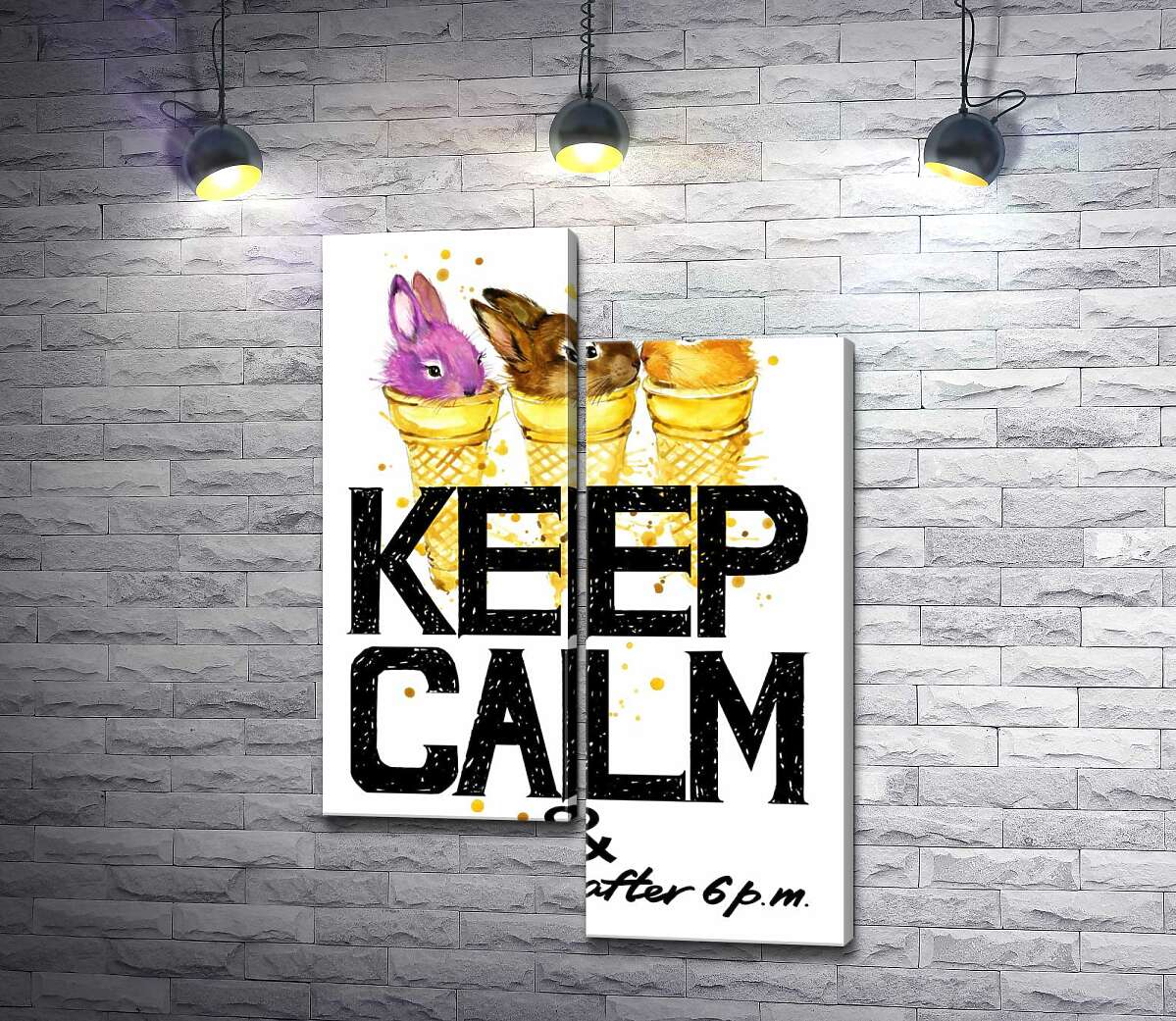 

Модульная картина ArtPoster Цветные зайцы в рожках мороженого над надписью "keep calm and don't eat after 6 p.m." 100x147 см Модуль №5