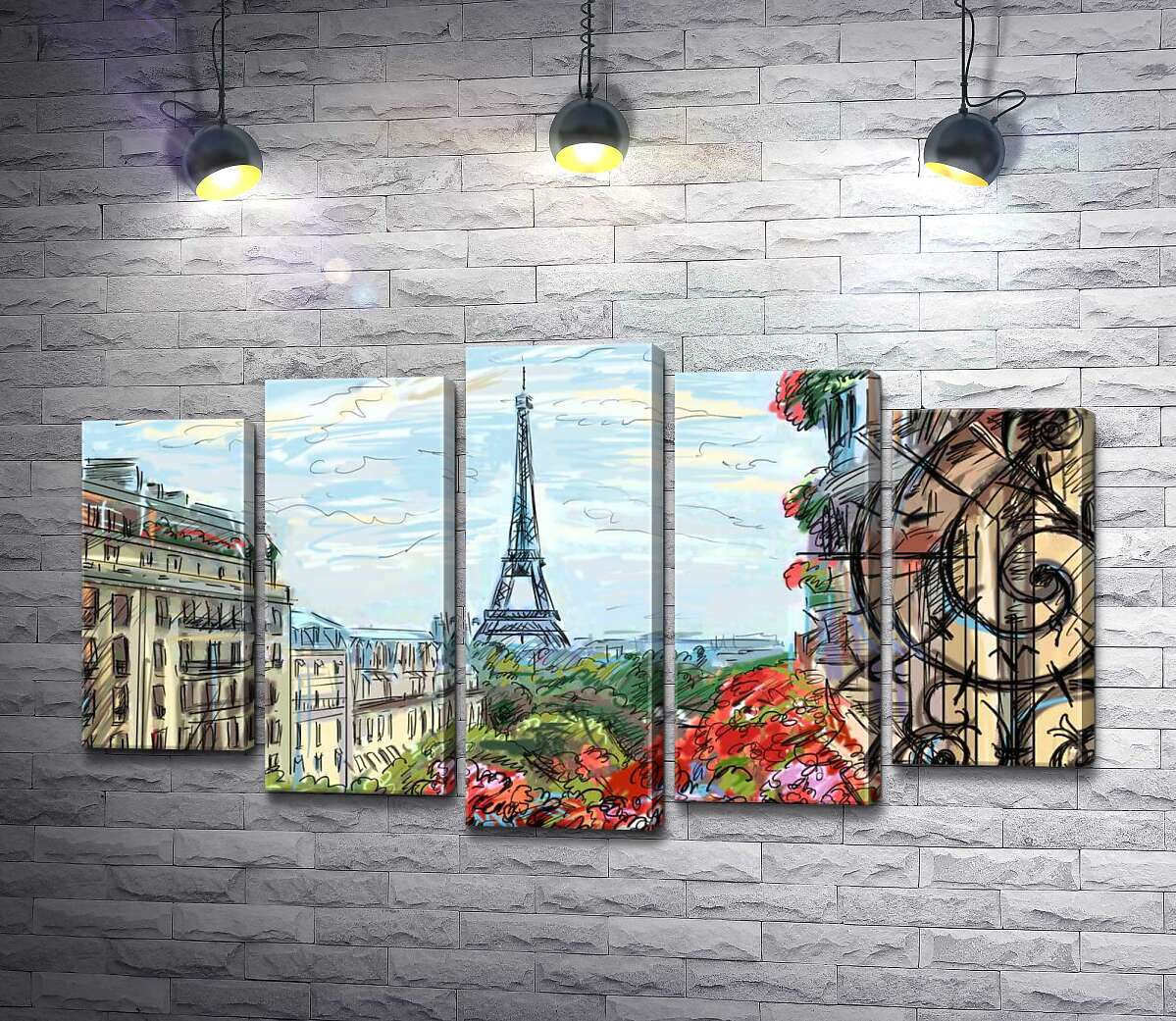

Модульная картина ArtPoster Эйфелева башня (Eiffel tower) виднеется с летнего балкона старого дома 130x75 см Модуль №26