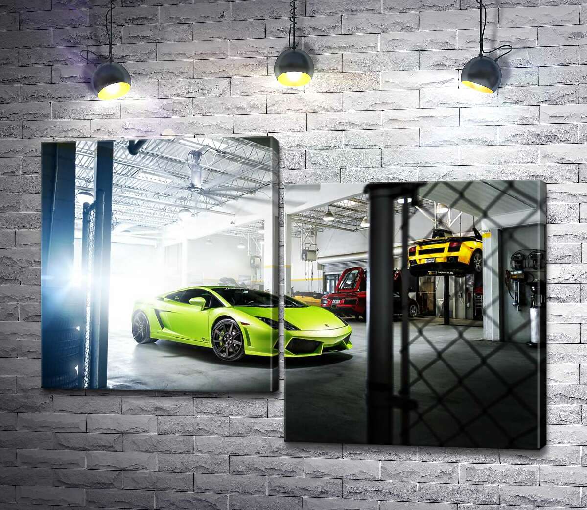 

Модульная картина ArtPoster Яркий зеленый Ламборгини (Lamborghini Gallardo) стоит в тени гаража 100x68 см Модуль №5