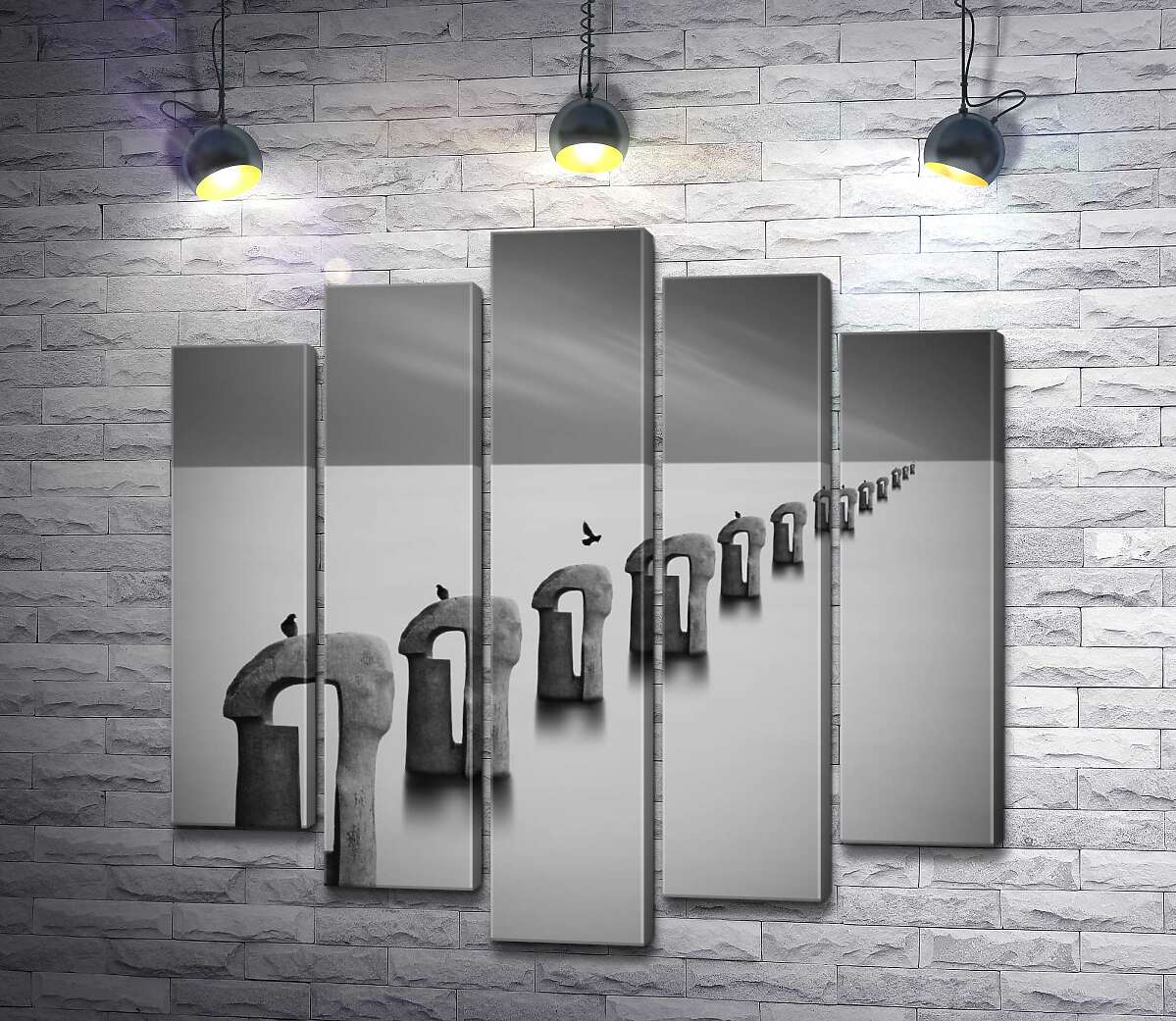 

Модульная картина ArtPoster Черно-белая перспектива каменных статуй с птицами в тумане 130x132 см Модуль №26